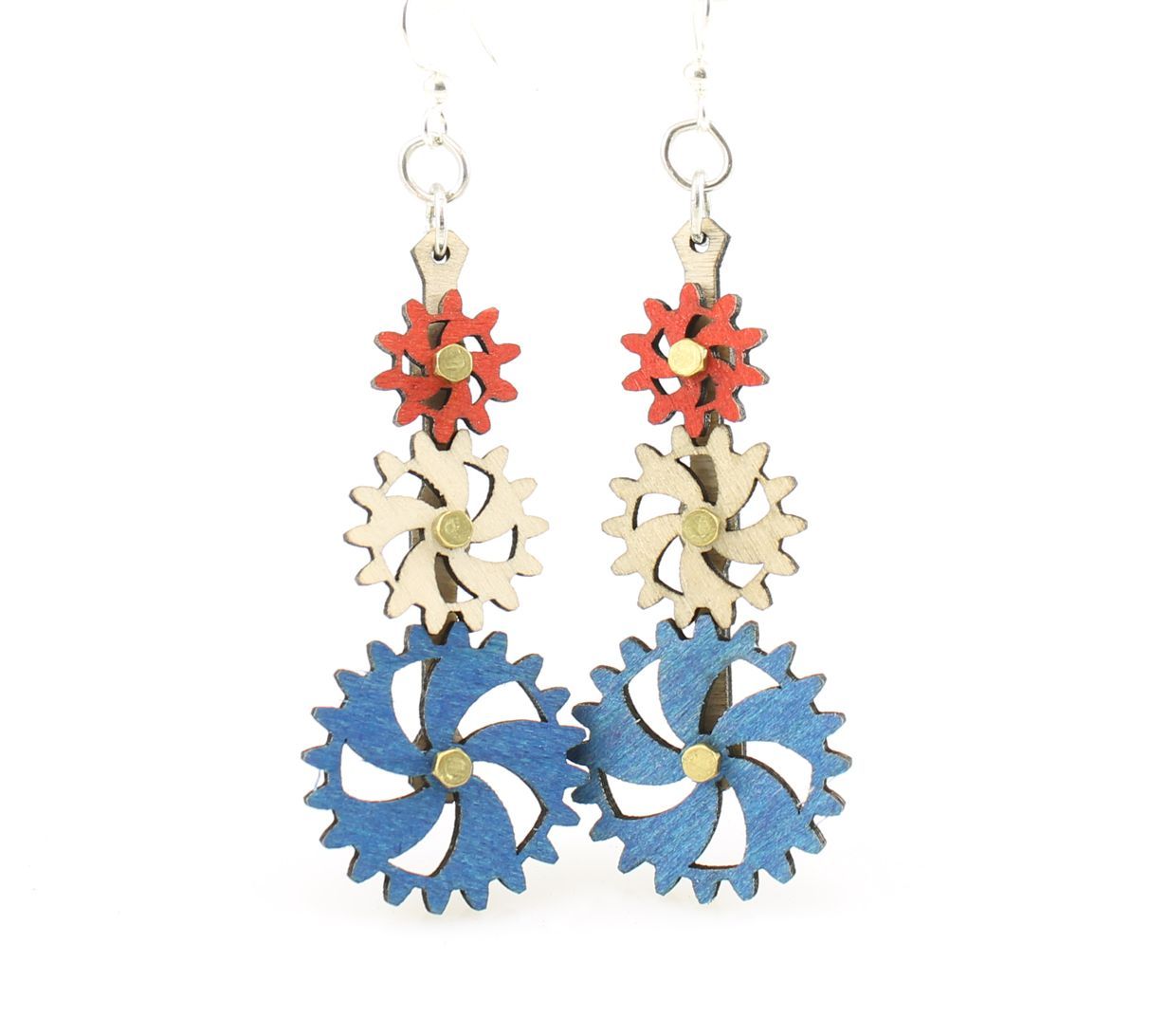 Red Sunflower Kinetic Gear Earrings 5009F, stylish silver earrings with rotating gear design, visible details in the image.