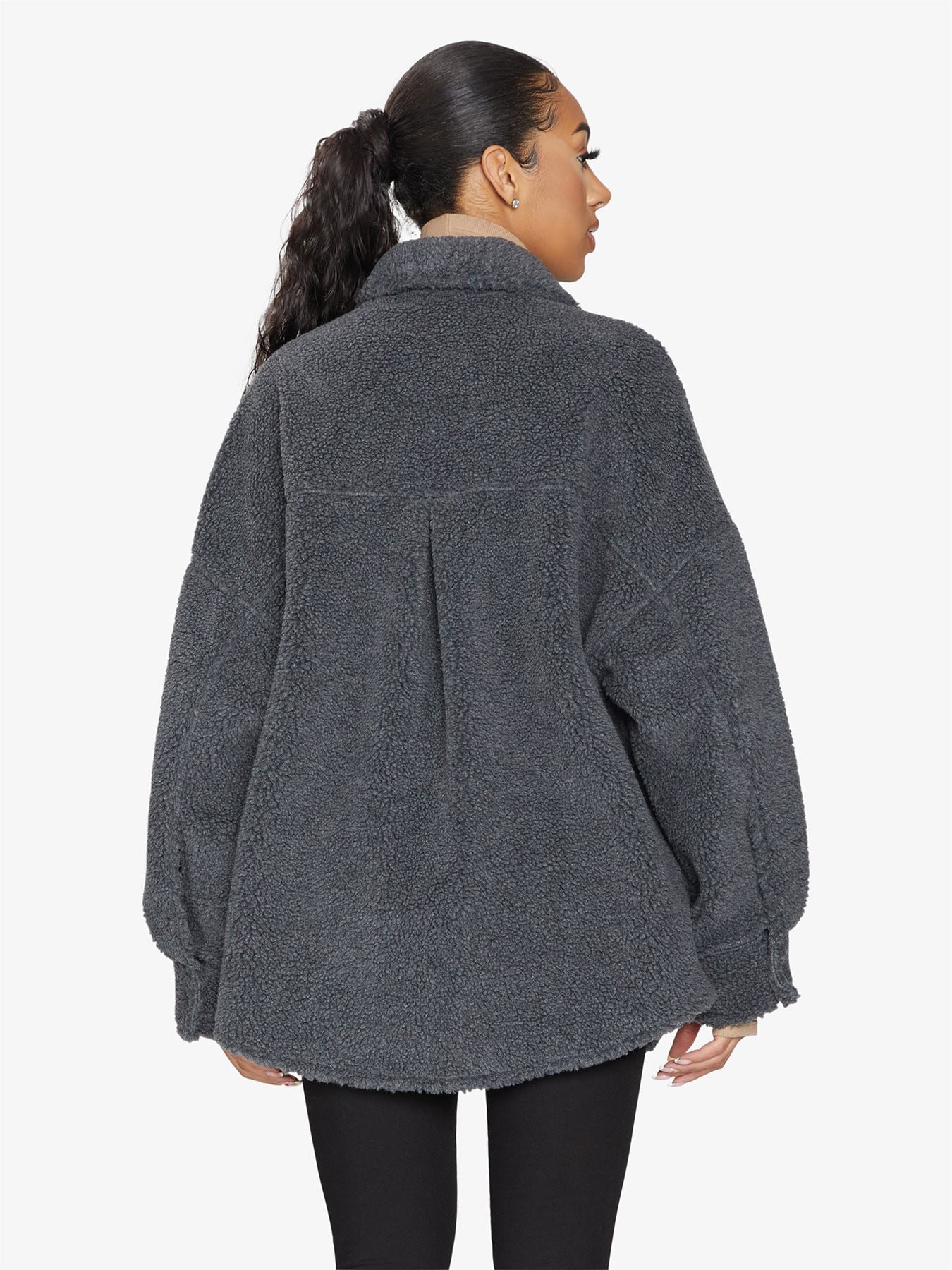Rose Eleusis oversized patch pocket borg teddy shacket, cozy jacket with large front pockets and plush fleece material.