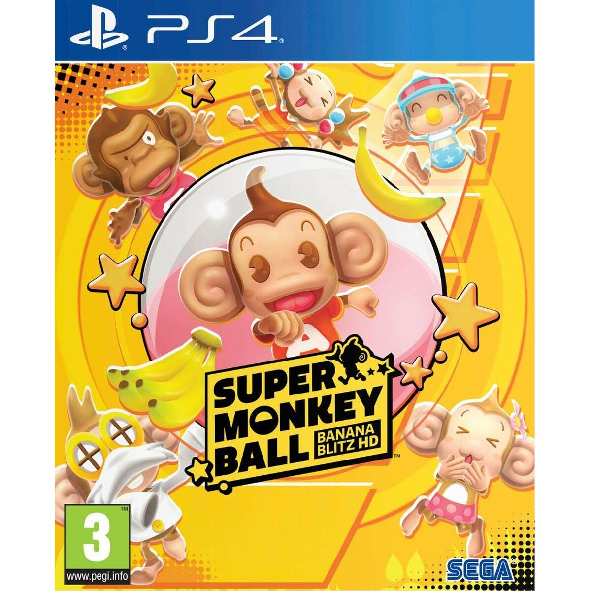 PlayStation 4 video game "Super Monkey Ball Banana" by Koch Media, featuring colorful game cover art and PlayStation branding.