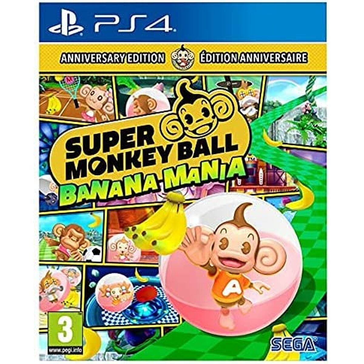 PlayStation 4 game Super Monkey Ball Banana by Koch Media featuring colorful cartoon monkeys and vibrant jungle scenery.