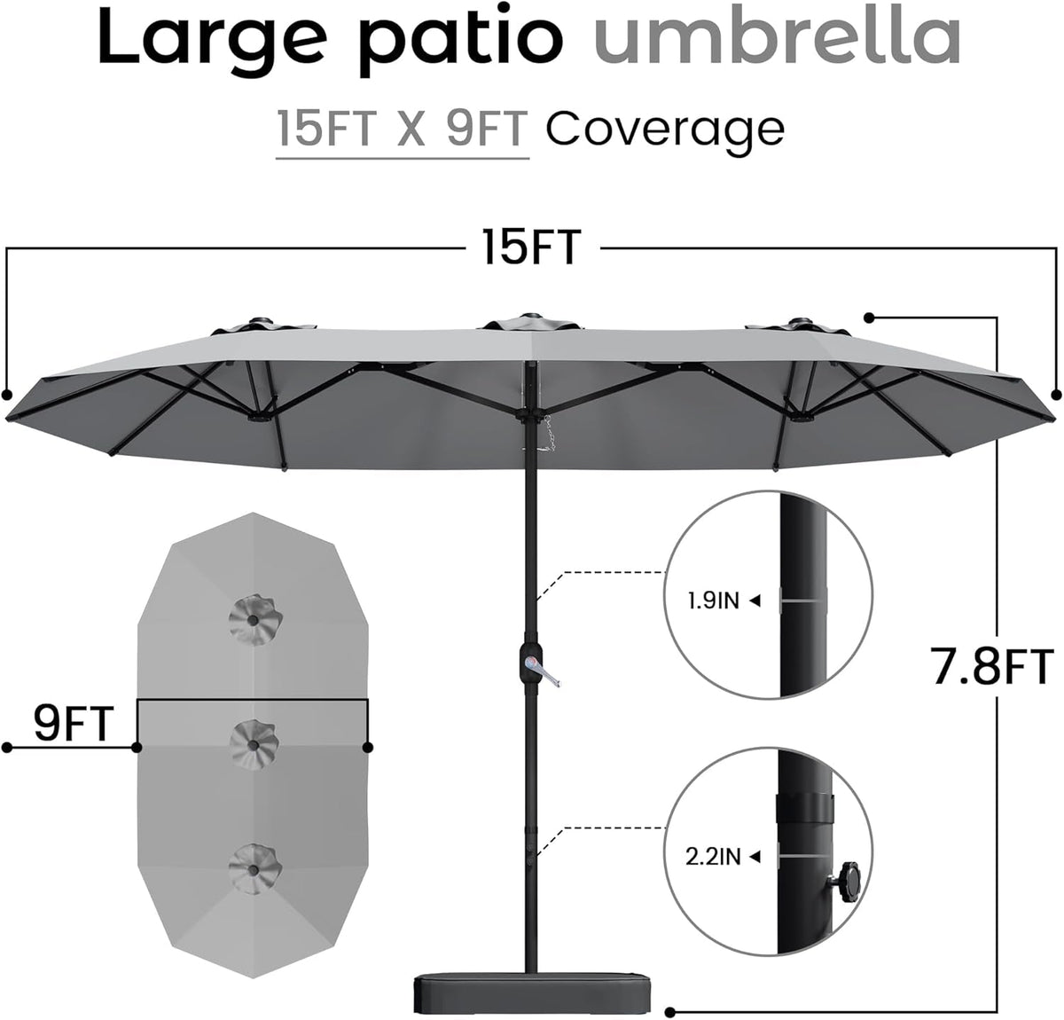 15Foot Rectangular Outdoor Patio Umbrella With Crank
