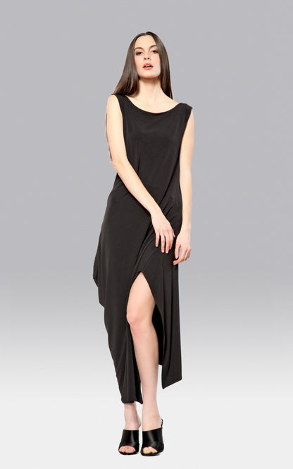 Black angled dress for women by Purple Mango, showcasing a stylish cut and elegant fit in a fashion-forward design.