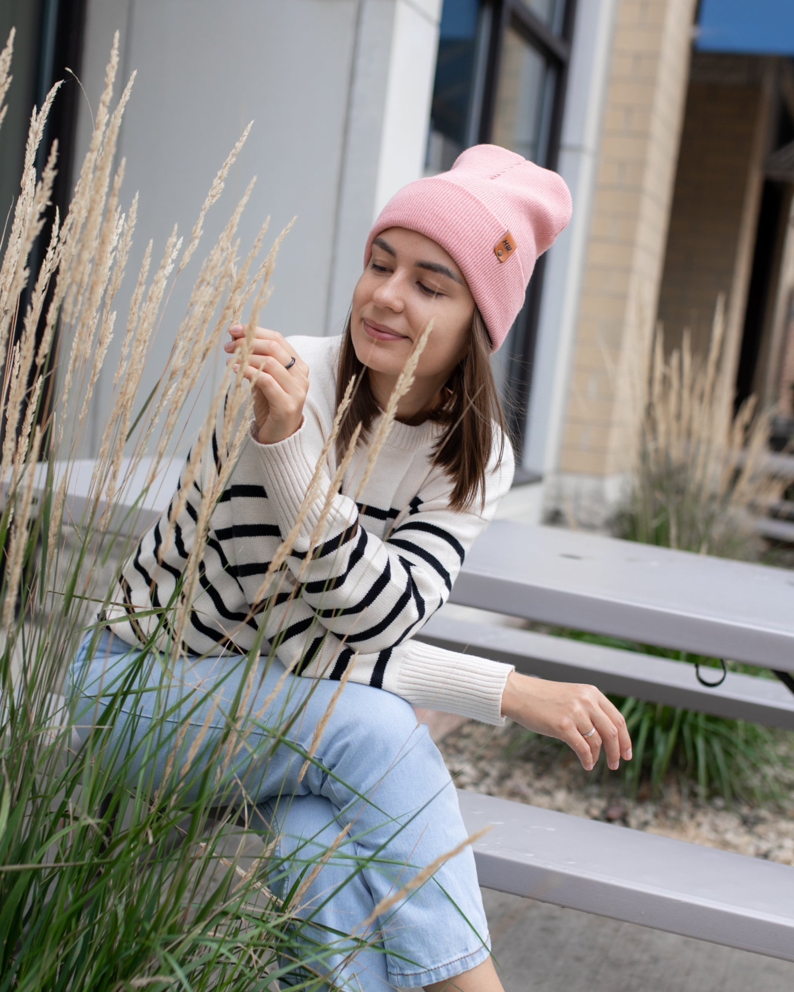 Azure Arrowwood HAAKWEAR Knit Cuffed Beanie in pearl pink, soft knit hat with cuffed design, perfect for cold weather.