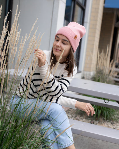 Azure Arrowwood HAAKWEAR Knit Cuffed Beanie in pearl pink, soft knit hat with cuffed design, perfect for cold weather.