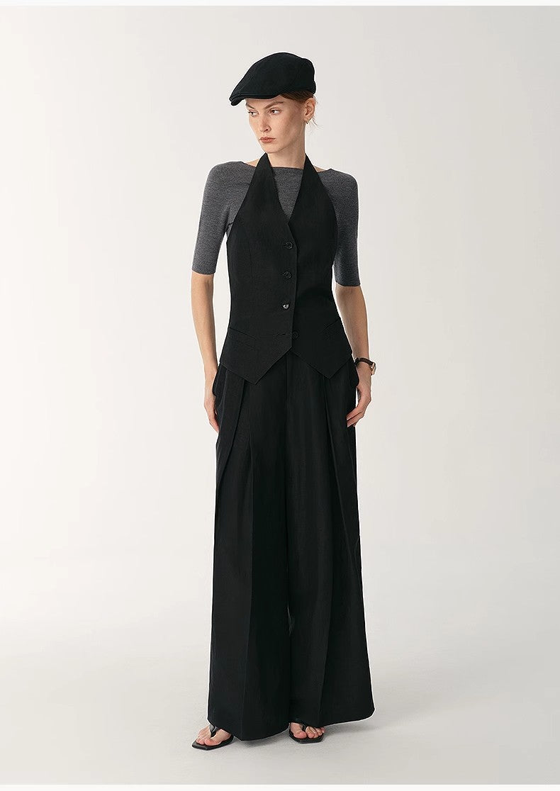 Brown Coeus silk linen halterneck sleeveless jacket with classic old money style, featuring a cool and sophisticated design.