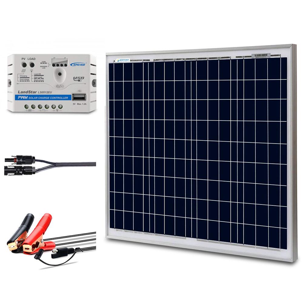 Fuchsia Rose ACOPOWER 50W 12V solar charger kit with 10A charge controller and MC4 connectors for outdoor solar power use