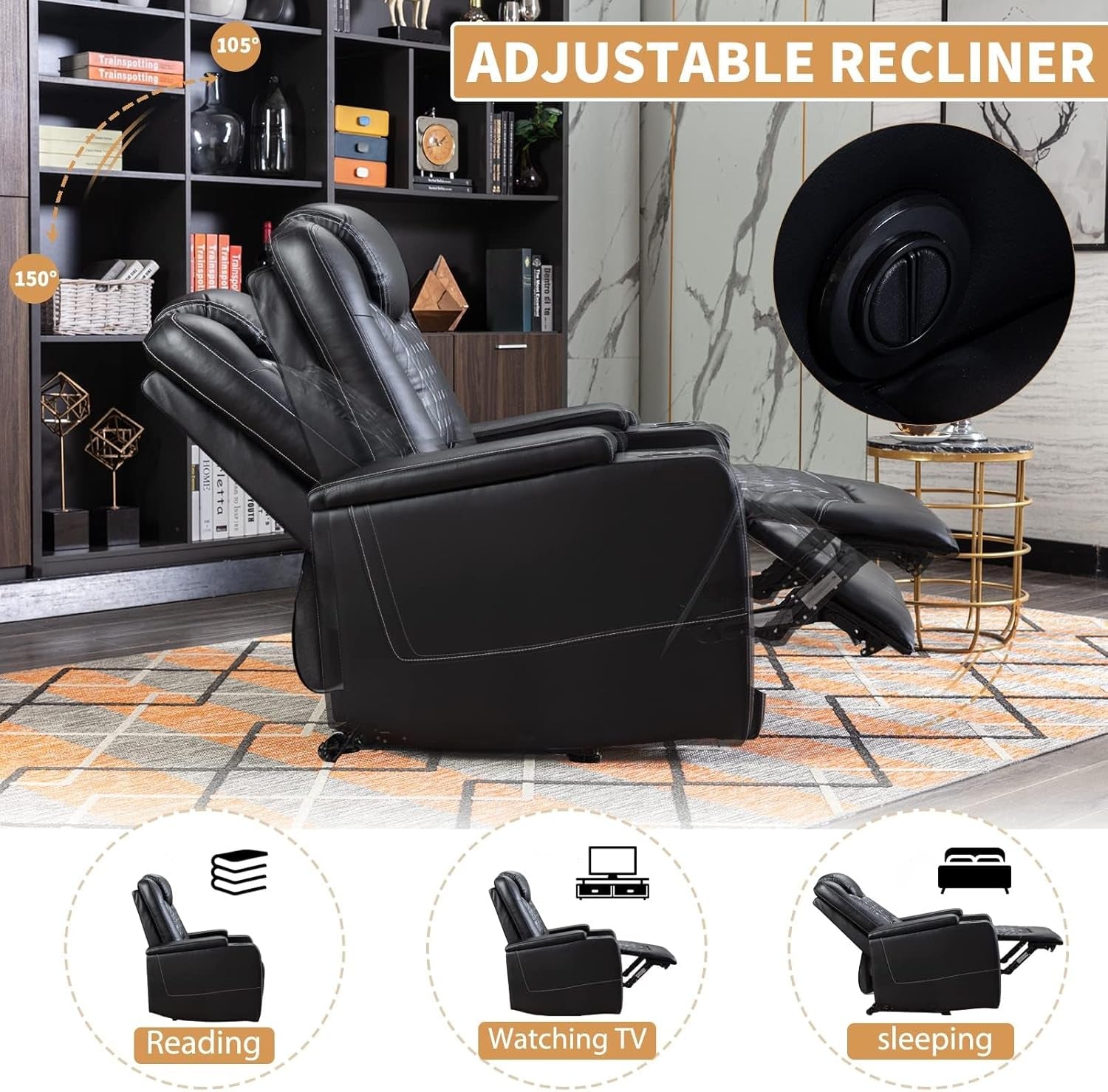 Black Peach Maple power recliner with USB ports and cup holders, showing plush cushioning and armrests for comfortable seating.