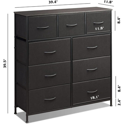 Fabric Storage Tower 9 Drawer Unit Charcoal Black Bedroom
