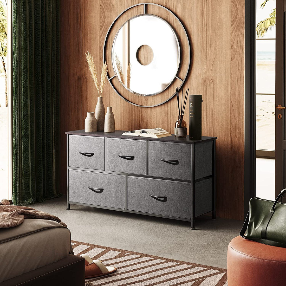 Peach Maple 5-drawer fabric dresser organizer for bedroom storage, featuring soft fabric drawers and sturdy frame.