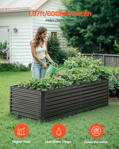 Start2Finish VEVOR metal raised garden bed, 6x3x2 ft galvanized planter box with open bottom for vegetables, flowers, and herbs.