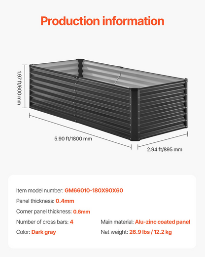 Start2Finish VEVOR metal raised garden bed, 6x3x2 ft galvanized planter box with open bottom for vegetables, flowers, herbs, and succulents.