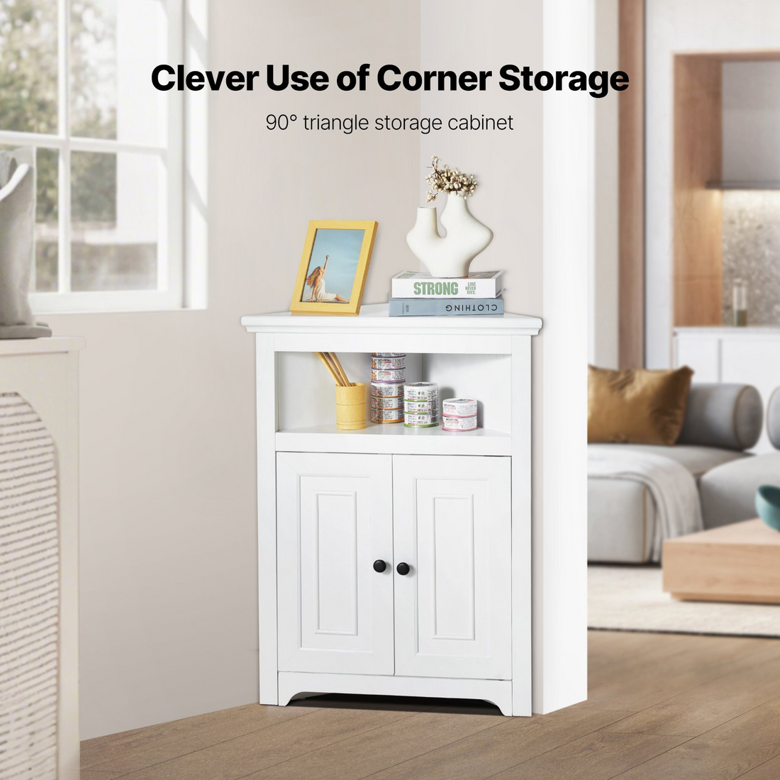 Start2Finish VEVOR 32-inch white corner storage cabinet with 3 tiers, wooden doors, adjustable shelves for kitchen or laundry room