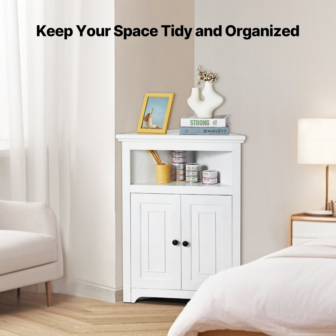 Start2Finish VEVOR 32-inch white corner storage cabinet with 3 tiers, wooden doors, adjustable shelves, suitable for kitchen or living room