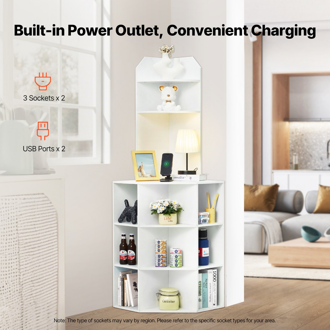 White VEVOR 64-inch tall corner storage cabinet with 6 tiers, adjustable shelves, USB ports, and outlets for living room or kitchen.