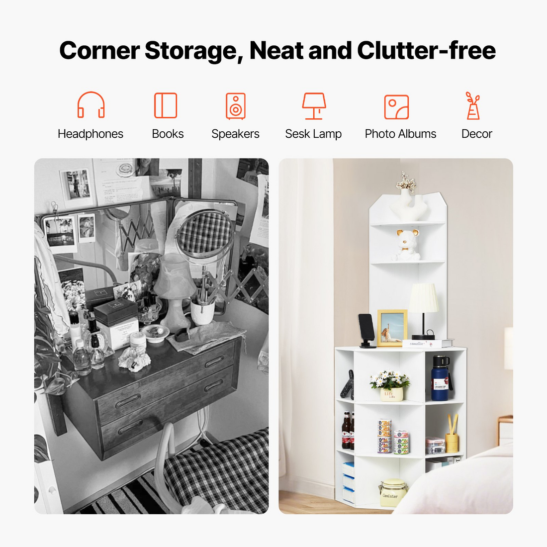Start2Finish VEVOR 64-inch white corner storage cabinet with 6 tiers, adjustable shelves, USB ports, and outlets for living or kitchen.