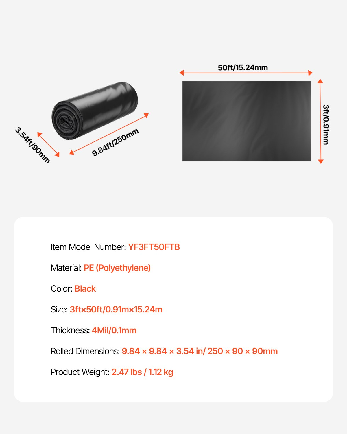 Heavy-duty VEVOR 3ft x 50ft black plastic sheeting roll, 4 mil thick drop cloth, painter’s tarp, polyethylene vapor barrier.