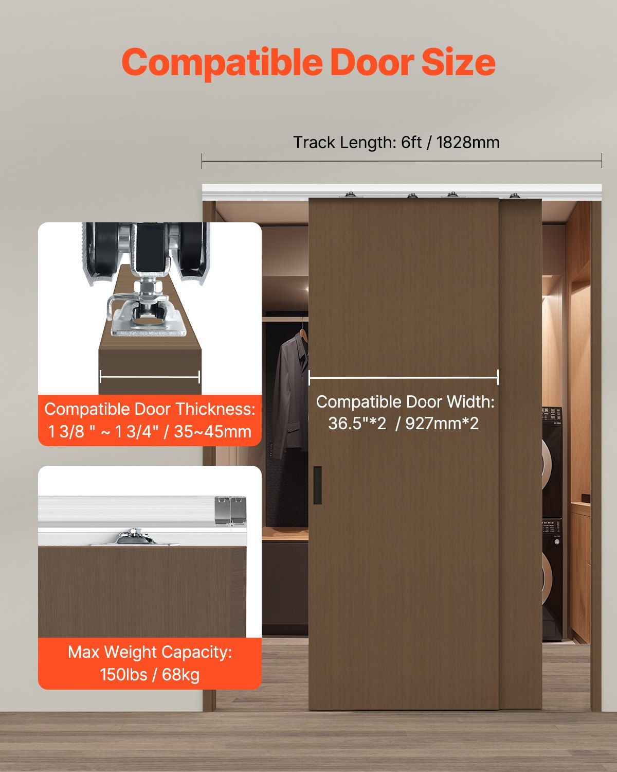 Start2Finish VEVOR 6ft heavy-duty bypass sliding door hardware kit with aluminum alloy tracks for closet doors, fits 1 3/8 to 1 3/4 inch thick.
