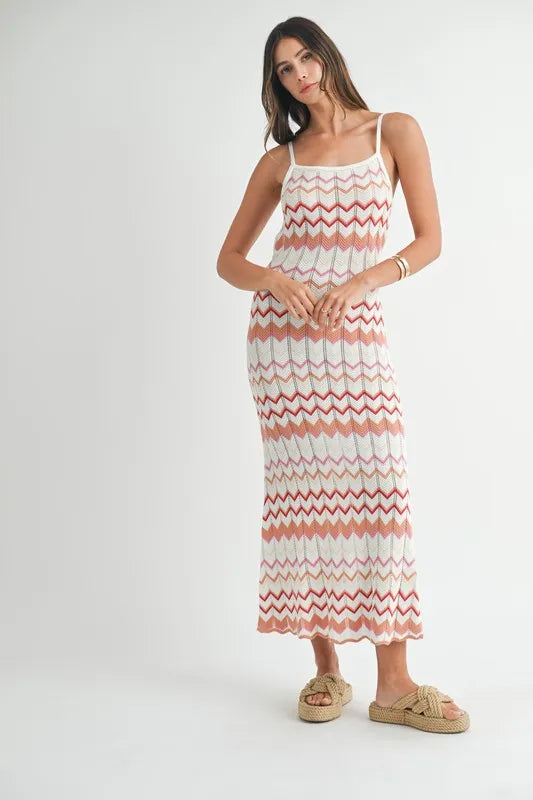 Pear Daisy MABLE lightweight pointelle chevron knit maxi dress, soft and breathable for casual wear, shown on a model.