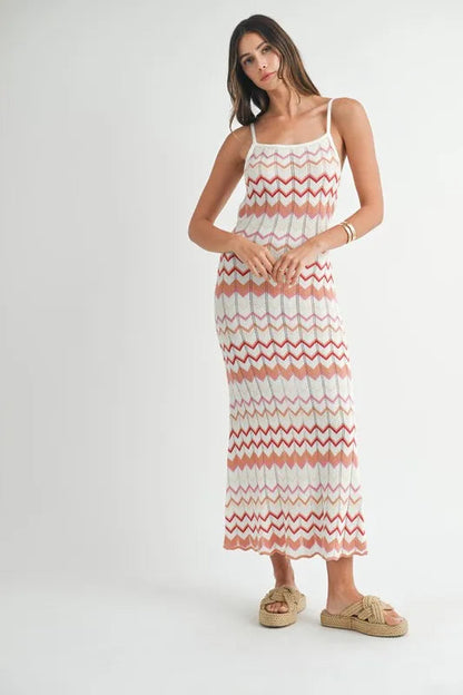 Pear Daisy MABLE lightweight pointelle chevron knit maxi dress, soft and breathable for casual wear, shown on a model.