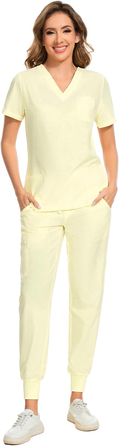 COZYFIT Scrubs for Women – Stretch V-Neck &amp; Jogger Pant Set with 9 Pockets