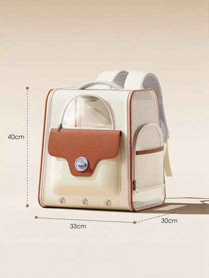 Portable breathable pet carrier backpack by Pear Daisy, featuring mesh panels and adjustable straps for comfortable pet transport.