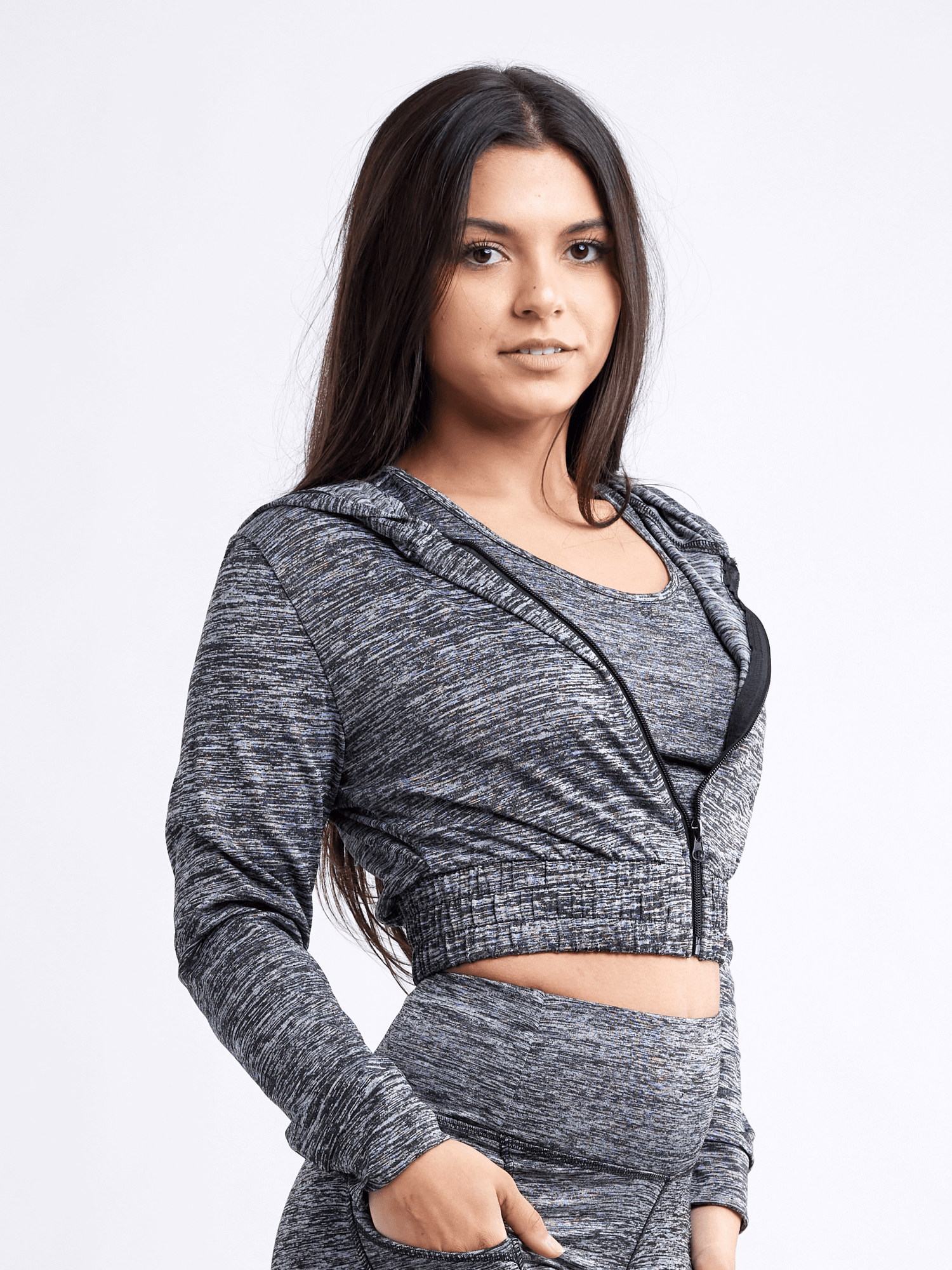 Black Lavender JupiterGear athletic zip-up crop hoodie jacket showing a fitted black crop hoodie with athletic detailing.