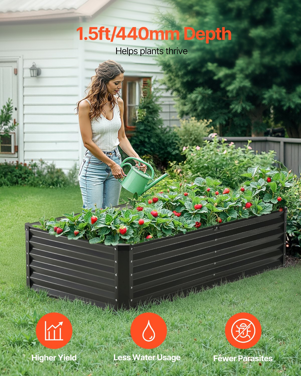 Start2Finish VEVOR Metal Raised Garden Bed, 6x3 ft galvanized planter box for vegetables, flowers, herbs, and succulents outdoors.