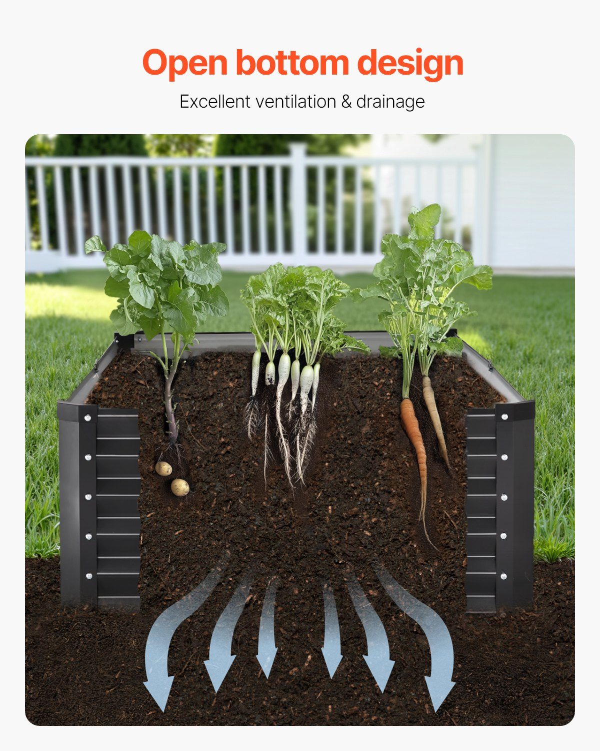 Start2Finish VEVOR metal raised garden bed in dark gray, 6x3x1.5 ft galvanized planter for vegetables, flowers, herbs, and succulents.