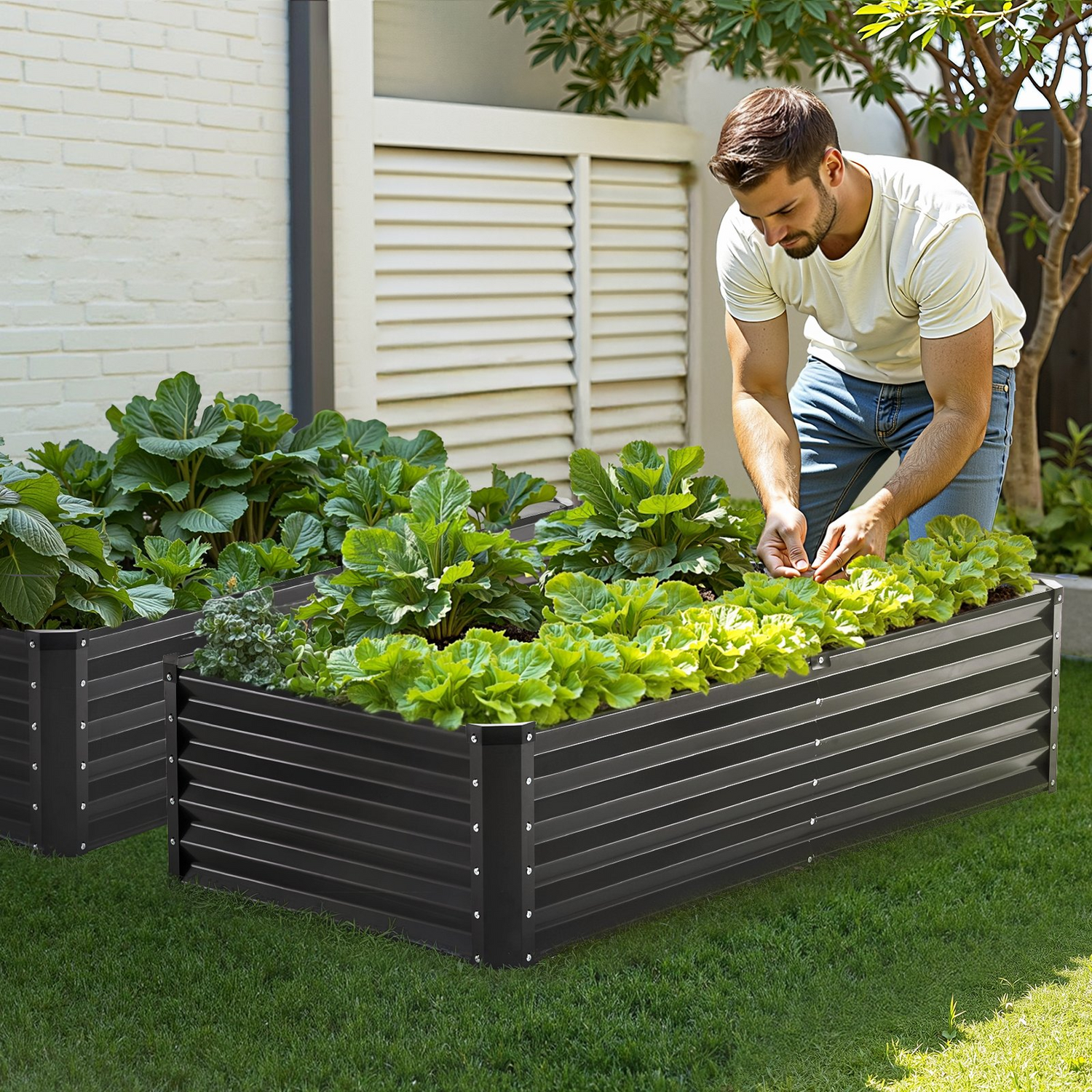 Start2Finish VEVOR metal raised garden bed, 6x3x1.5 ft galvanized planter box with open bottom for vegetables, flowers, herbs, and succulents.