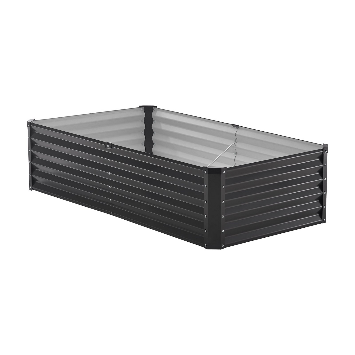 Vevor metal raised garden bed in dark gray, 6 x 3 x 1.5 ft outdoor galvanized planter box with open bottom for vegetables and flowers.