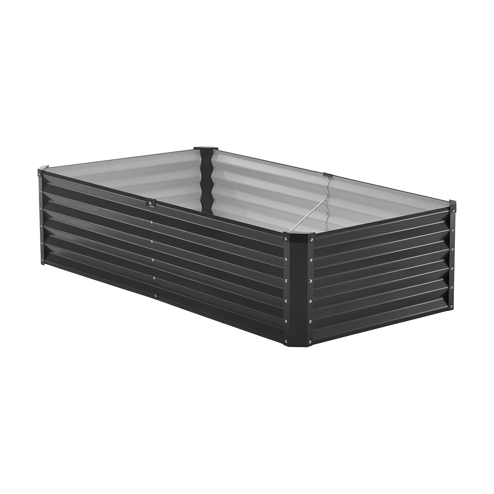 Vevor metal raised garden bed in dark gray, 6 x 3 x 1.5 ft outdoor galvanized planter box with open bottom for vegetables and flowers.