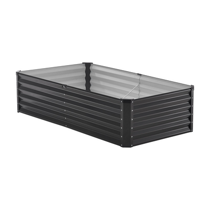 Vevor metal raised garden bed in dark gray, 6 x 3 x 1.5 ft outdoor galvanized planter box with open bottom for vegetables and flowers.