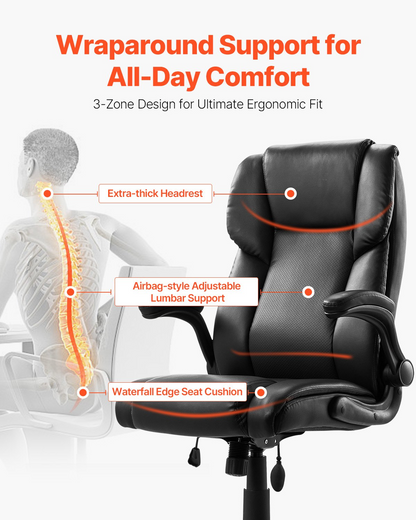 Start2Finish VEVOR ergonomic office chair with lumbar support, flip-up armrests, PU leather, height adjustment, and reclining feature.