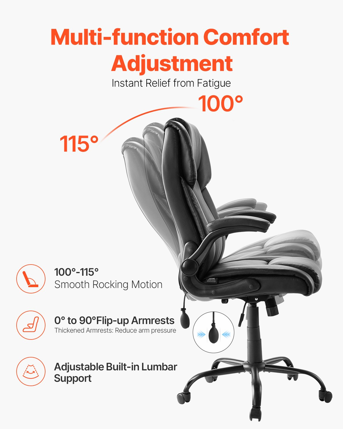 Start2Finish VEVOR executive office chair with lumbar support, flip-up armrests, PU leather, adjustable height, and reclining feature.