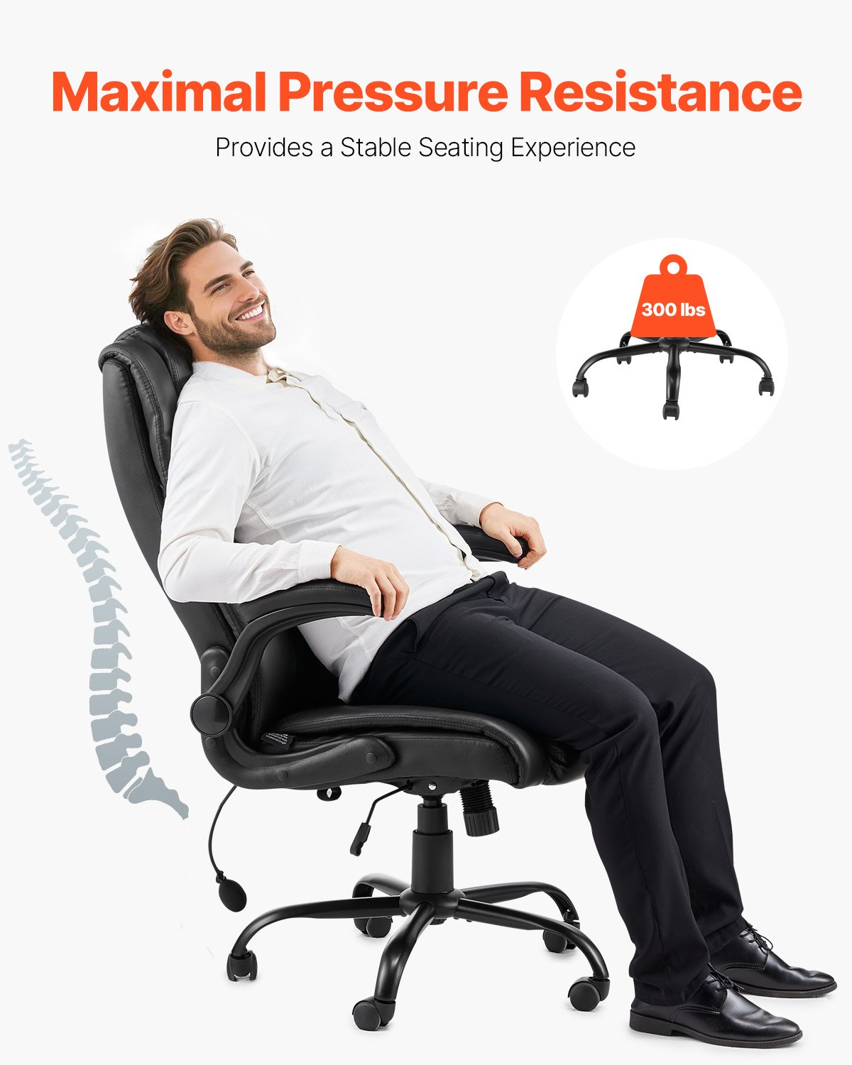 Start2Finish VEVOR executive office chair with lumbar support, flip-up armrests, lumbar pillow, height adjustability, and PU leather finish.