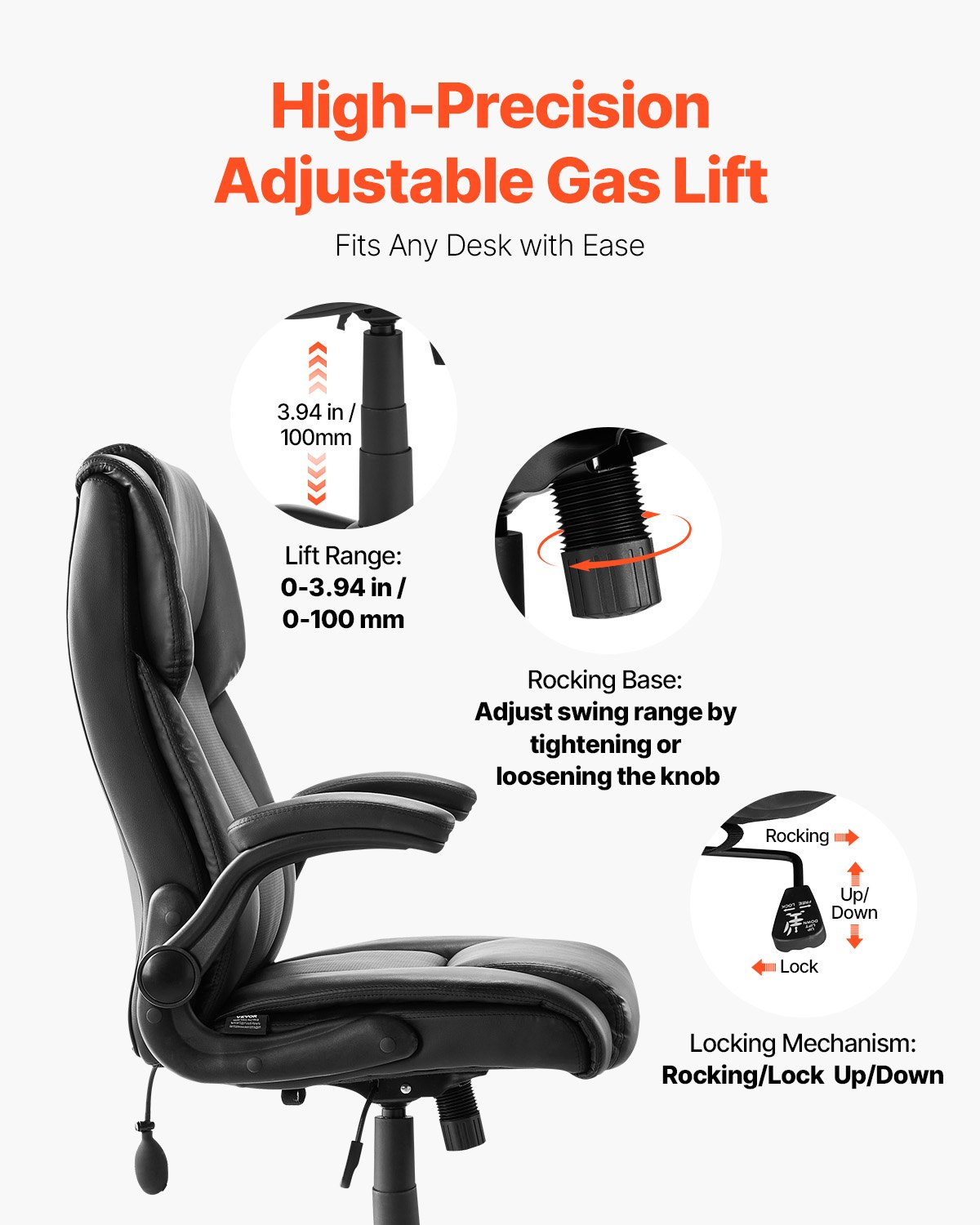 Start2Finish VEVOR executive office chair with lumbar support, flip-up armrests, PU leather, adjustable height, and reclining feature.