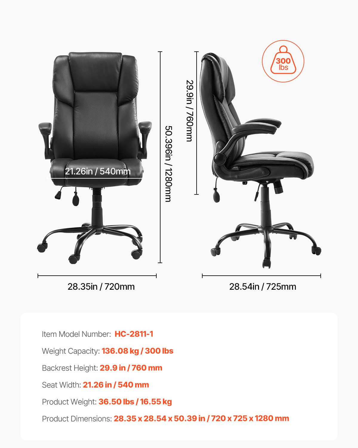 Start2Finish VEVOR executive office chair with lumbar support, flip-up armrests, adjustable height, PU leather, and reclining feature.