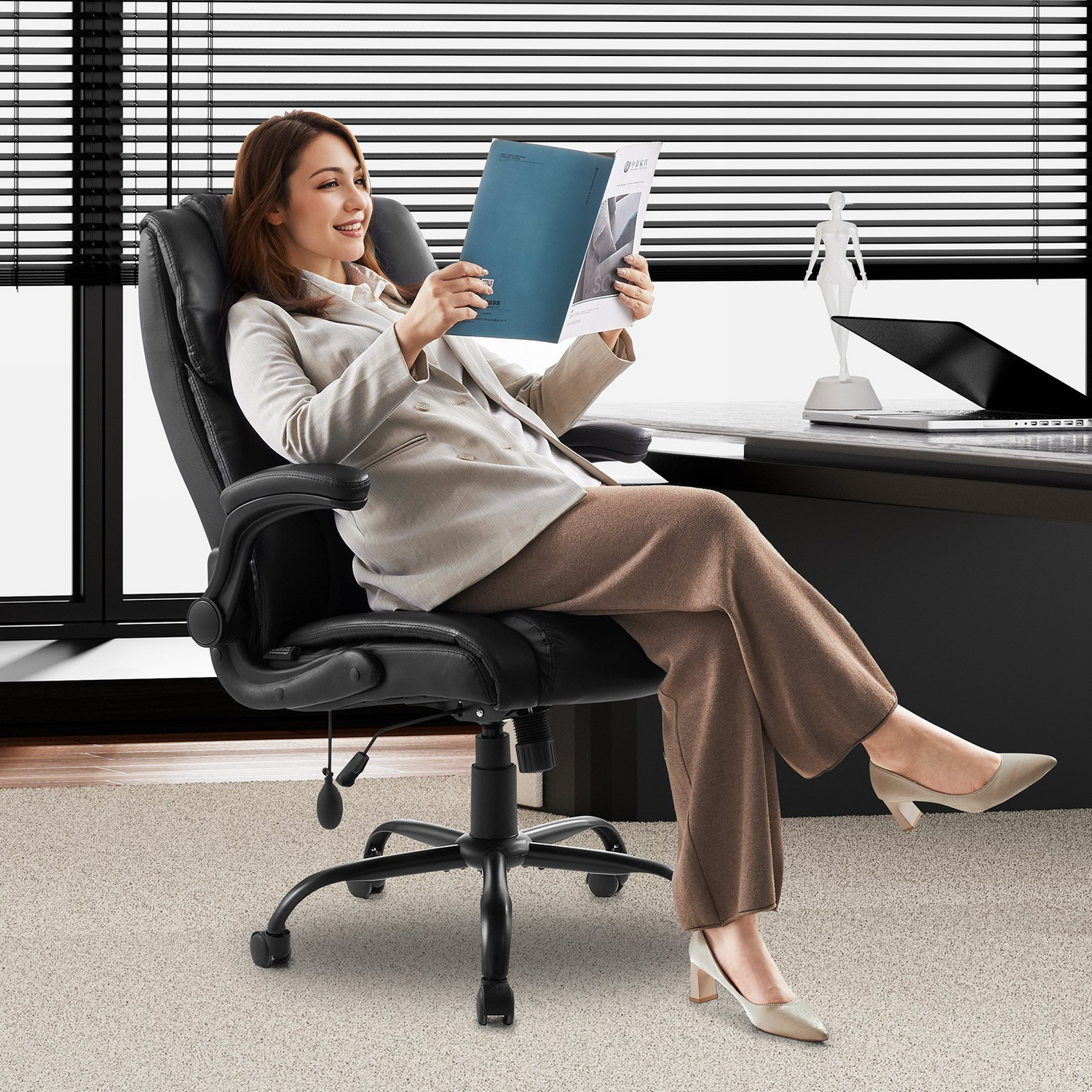 Start2Finish VEVOR executive office chair with lumbar support, flip-up armrests, PU leather, adjustable height, reclining feature.
