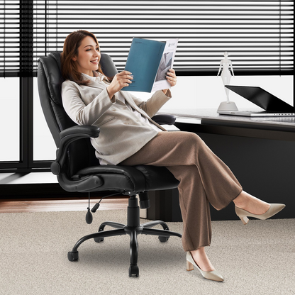 Start2Finish VEVOR executive office chair with lumbar support, flip-up armrests, PU leather, adjustable height, reclining feature.