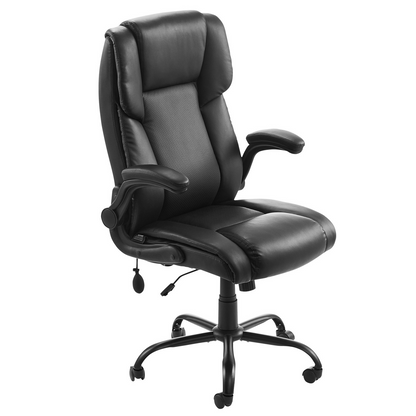 Start2Finish VEVOR executive office chair with lumbar support, flip-up armrests, height adjustment, PU leather, and reclining feature.