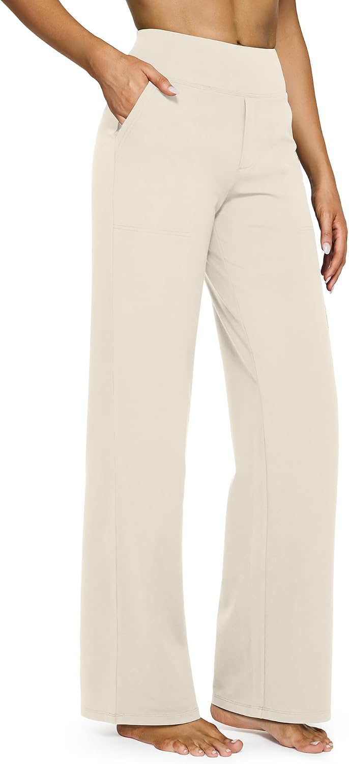 G4Free Yoga Pants for Women Wide Leg Pants with Pockets High Waisted | Moisture Wicking, Soft Comfortable Feel, 4-Way Stretch, Faux Fly, Faux Back Pockets, Yoga, Work &amp; Casual Wear