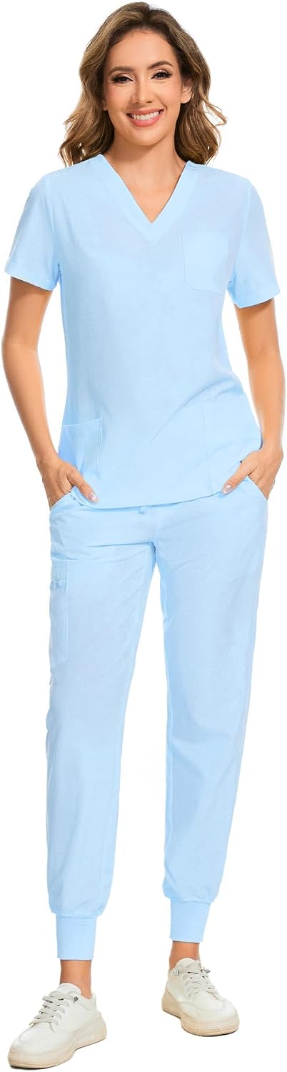 COZYFIT Scrubs for Women – Stretch V-Neck &amp; Jogger Pant Set with 9 Pockets
