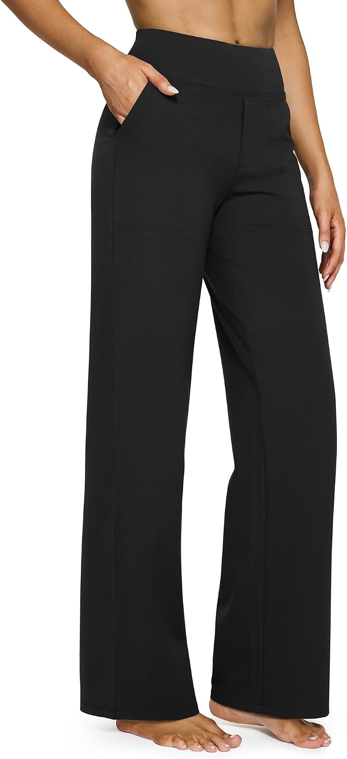 G4Free Yoga Pants for Women Wide Leg Pants with Pockets High Waisted | Moisture Wicking, Soft Comfortable Feel, 4-Way Stretch, Faux Fly, Faux Back Pockets, Yoga, Work &amp; Casual Wear