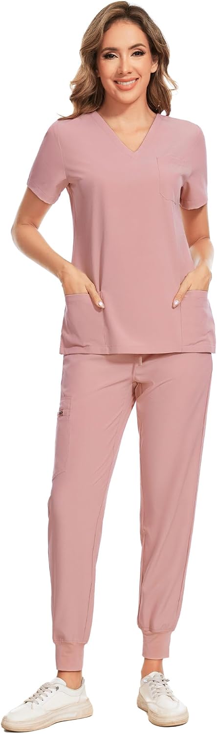 COZYFIT Scrubs for Women – Stretch V-Neck &amp; Jogger Pant Set with 9 Pockets