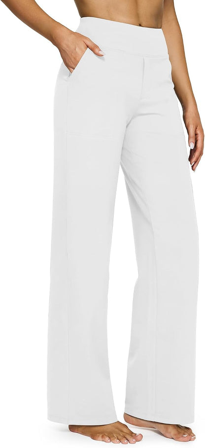 G4Free Yoga Pants for Women Wide Leg Pants with Pockets High Waisted | Moisture Wicking, Soft Comfortable Feel, 4-Way Stretch, Faux Fly, Faux Back Pockets, Yoga, Work &amp; Casual Wear