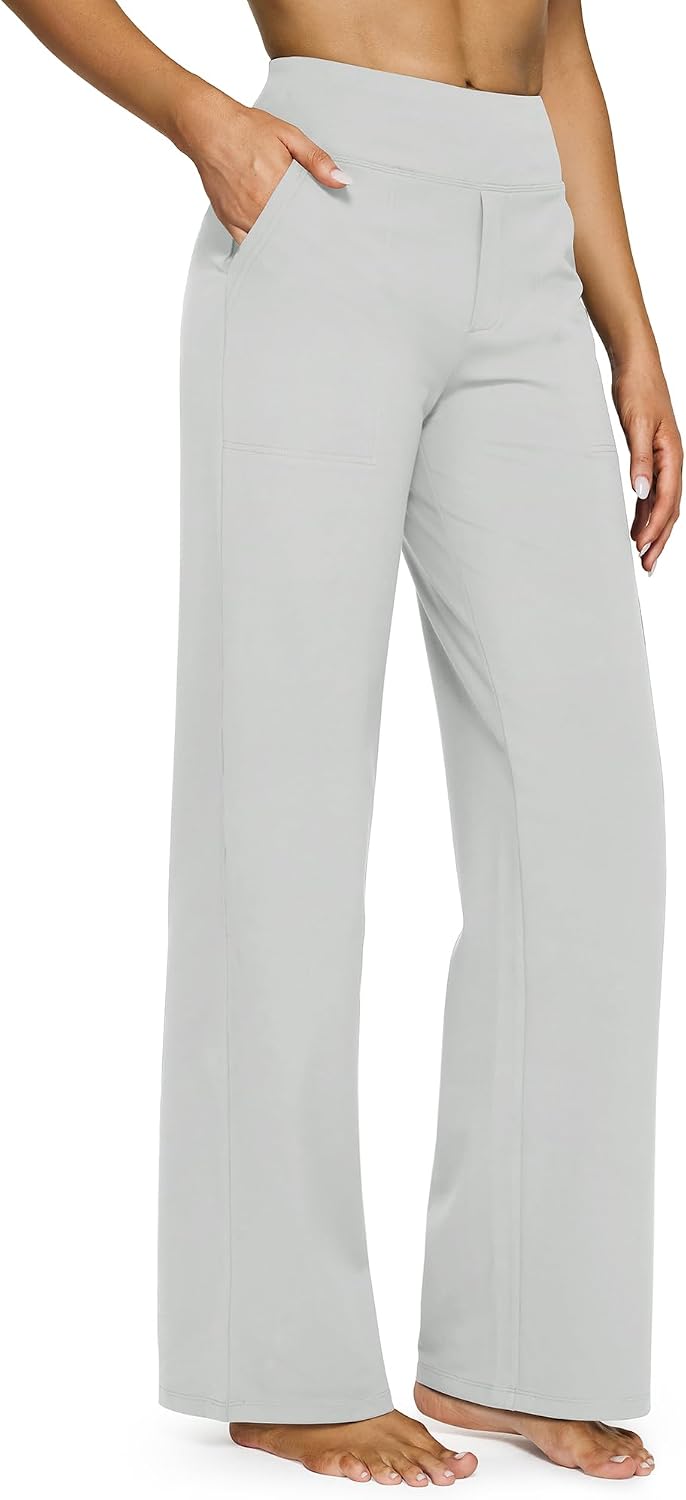 G4Free Yoga Pants for Women Wide Leg Pants with Pockets High Waisted | Moisture Wicking, Soft Comfortable Feel, 4-Way Stretch, Faux Fly, Faux Back Pockets, Yoga, Work &amp; Casual Wear