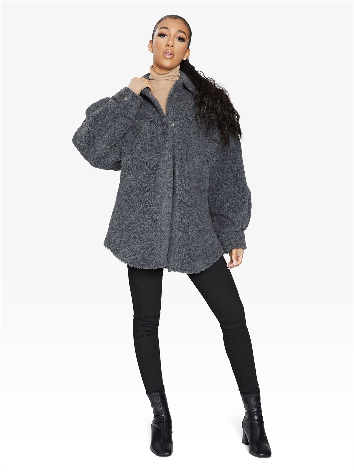 Rose Eleusis oversized patch pocket borg teddy shacket, cozy wool blend jacket with large patch pockets and plush texture.