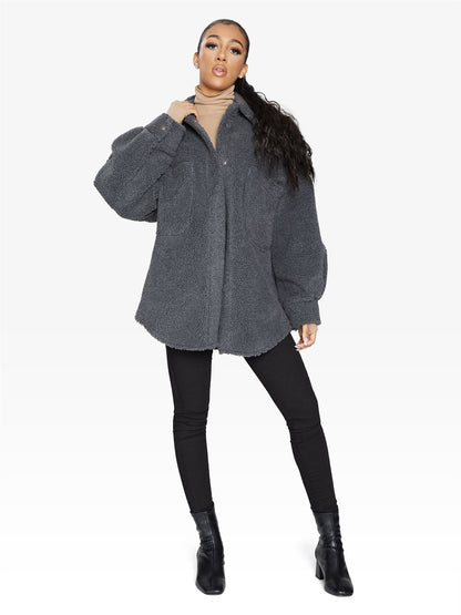 Rose Eleusis oversized patch pocket borg teddy shacket, cozy wool blend jacket with large patch pockets and plush texture.