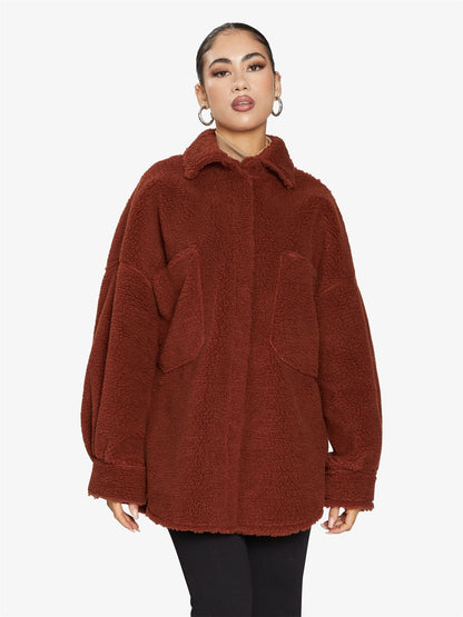 Rose Eleusis oversized patch pocket borg teddy shacket with a cozy, plush fleece exterior and relaxed fit, ideal for layering.
