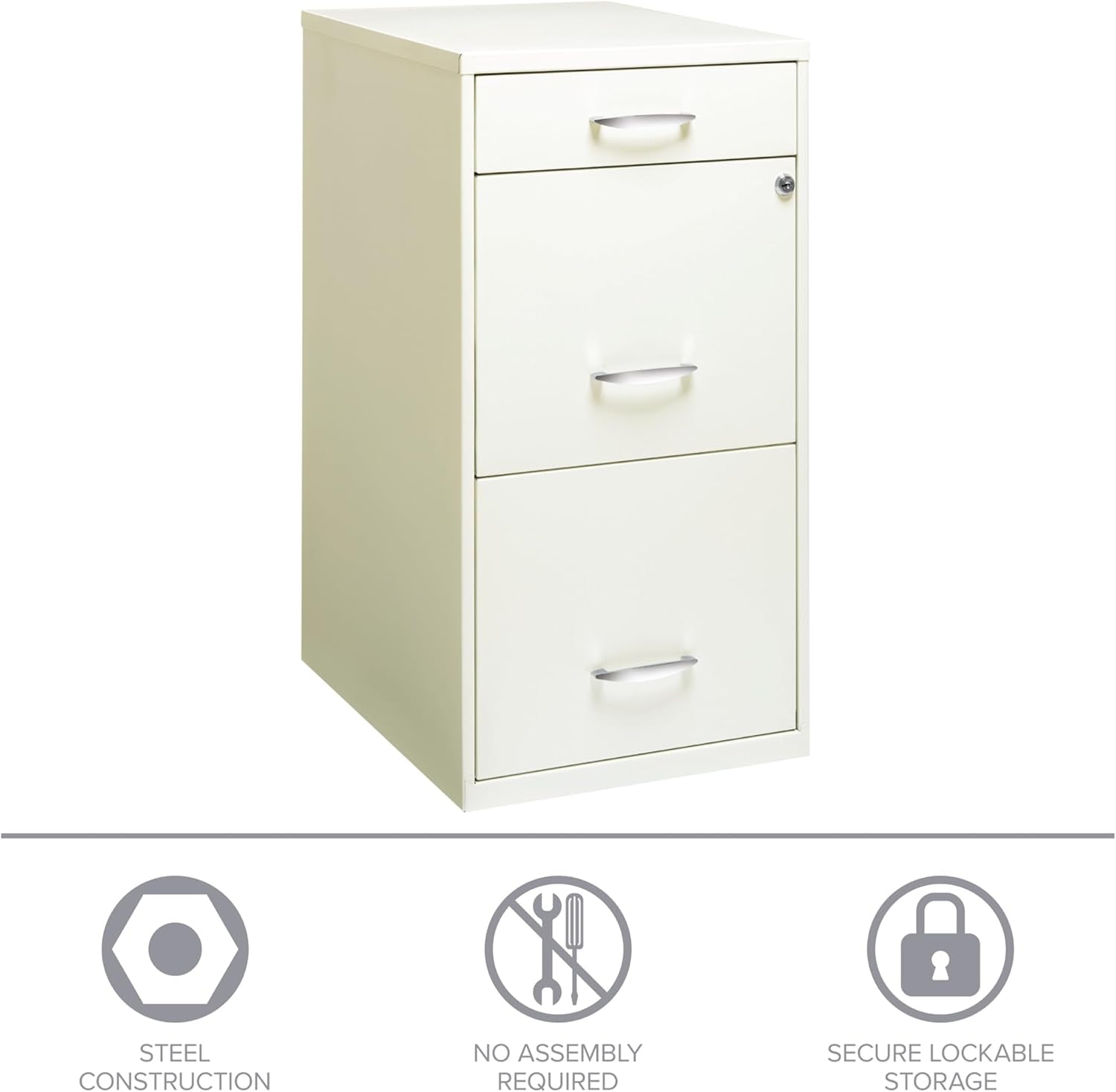 Pearl white Hirsh 18-inch deep 3-drawer metal file cabinet by Peach Maple, showing sturdy metal drawers and sleek furniture design.